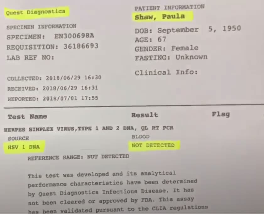 Herpes PCR test results from Paula Shaw